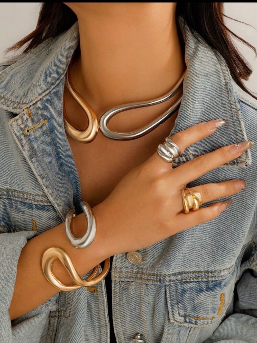 Mixed Metal Sculptural Necklace and Bracelet Set - Gold & Silver